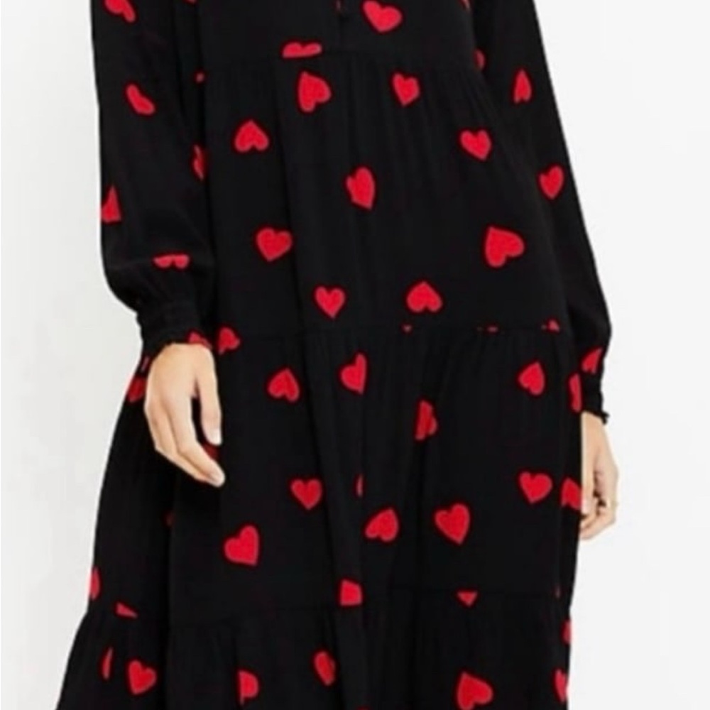 LOFT Black Long-Sleeve Tiered Dress with Red Heart Print
